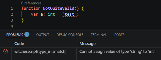 Type mismatch flagged inline and in the Problems panel